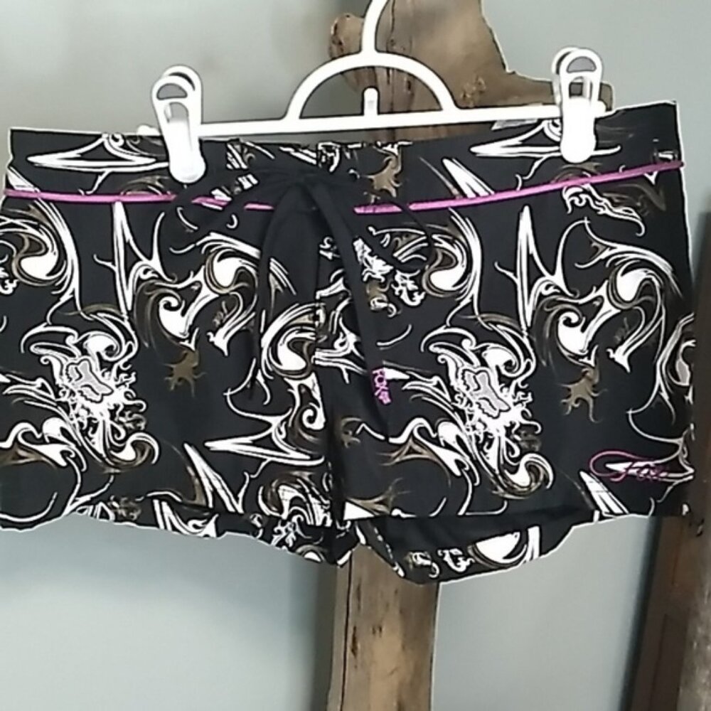 FOX RACING graffiti overall graphic black and white womens board shorts